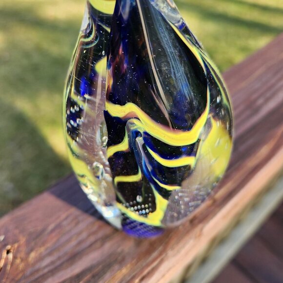Walter Prince Hand Blown Glass Paperweight Signed  1995 Blue Yellow Swirl Bubble - Picture 4 of 5